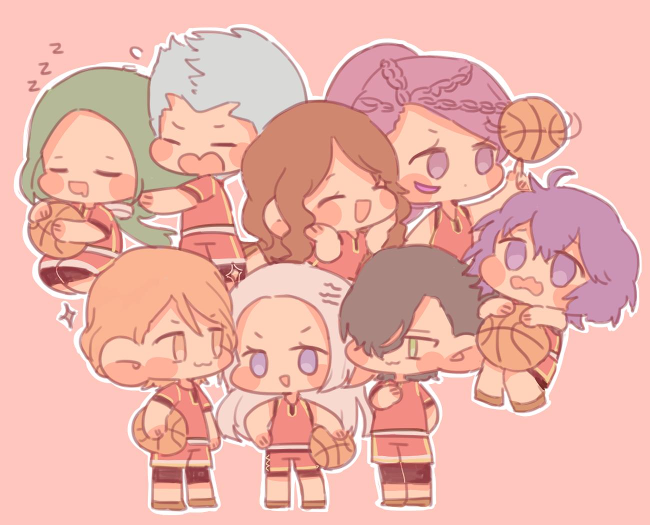 ahoge basketball bernadetta_von_varley black_hair blonde_hair blue_eyes blue_hair blush braid caspar_von_bergliez chibi closed_mouth dark_skin dorothea_arnault edelgard_von_hresvelg facial_mark ferdinand_von_aegir fire_emblem fire_emblem:_three_houses garreg_mach_monastery_uniform green_hair grey_eyes hair_ornament hair_over_one_eye hair_ribbon hat hubert_von_vestra linhardt_von_hevring long_hair multiple_boys multiple_girls open_mouth petra_mcnairy purple_hair ribbon short_hair side_ponytail simple_background single_braid smile suzuhi21 uniform wavy_mouth