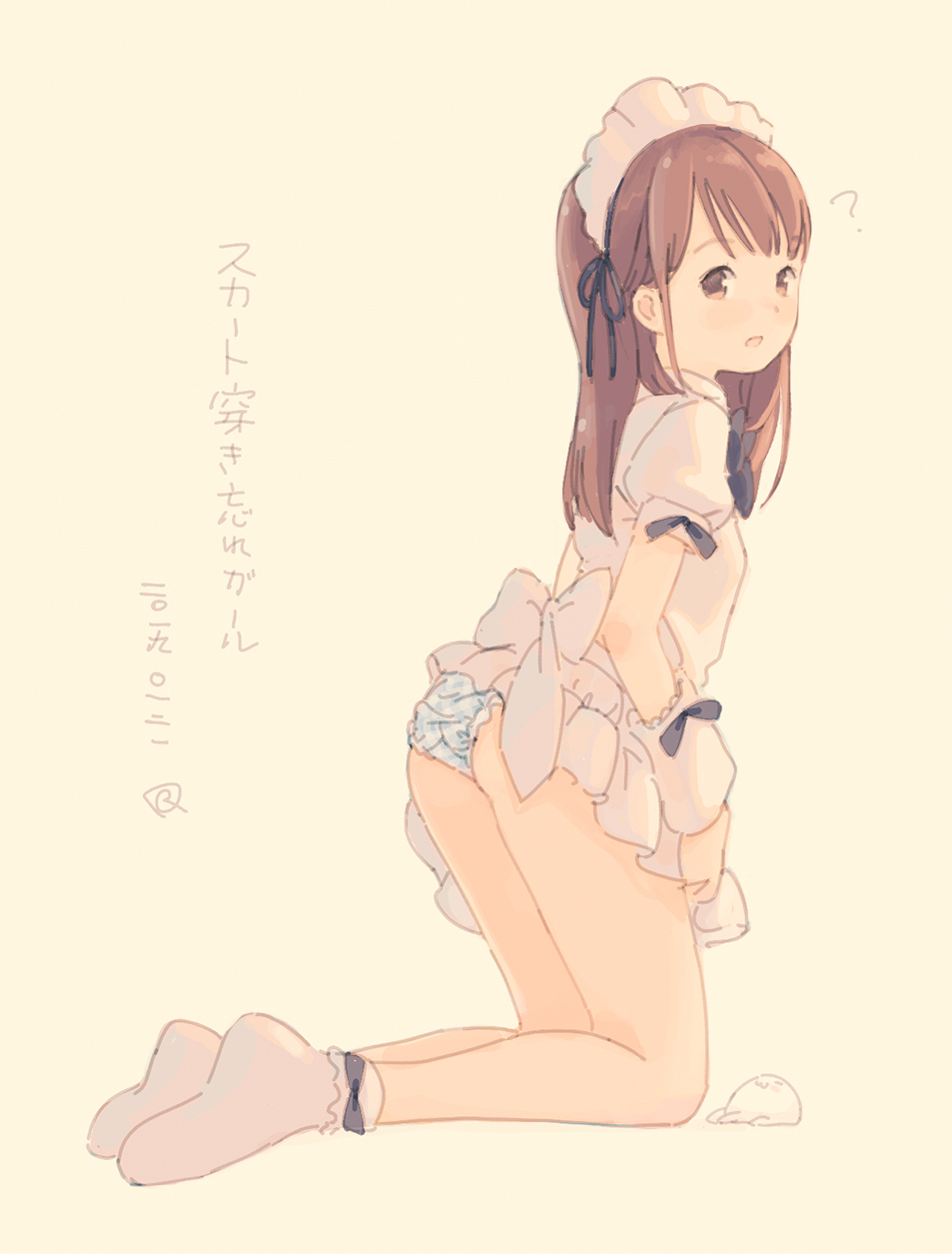 1girl ? ass bangs black_bow bobby_socks bow brown_background brown_eyes brown_hair eyebrows_visible_through_hair full_body highres kneeling kokudou_juunigou lifted_by_self long_hair looking_at_viewer looking_to_the_side maid_headdress no_shoes open_mouth original panties plaid plaid_panties pleated_skirt puffy_short_sleeves puffy_sleeves shirt short_sleeves simple_background skirt skirt_lift socks soles solo translation_request underwear white_bow white_legwear white_shirt white_skirt