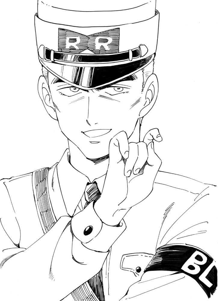 1boy agahari armband blue_(dragon_ball) breast_pocket buttons clothes_writing commentary_request dragon_ball dragon_ball_(classic) dress_shirt expressionless fingernails hand_up hat long_sleeves looking_away male_focus military military_hat military_uniform monochrome necktie open_mouth pocket red_ribbon_army shirt simple_background sleeve_cuffs uniform upper_body white_background