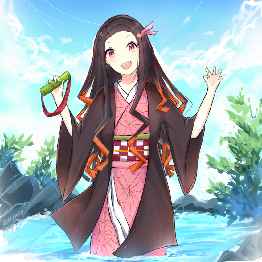 1girl :d bamboo bit_gag black_hair blue_sky brown_hair checkered claw_pose clouds commentary day fang gag hair_ribbon hands_up head_tilt holding japanese_clothes kamado_nezuko kimetsu_no_yaiba kimono long_hair long_sleeves looking_at_viewer multicolored_hair obi open_clothes open_mouth outdoors pink_kimono pink_ribbon red_eyes ribbon rocm_(nkkf3785) sash sky smile solo standing twitter_username two-tone_hair upper_body very_long_hair wading water wide_sleeves