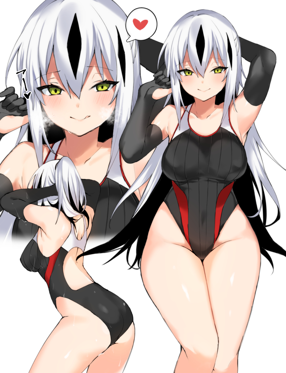 1girl alternate_costume black_gloves black_hair black_swimsuit breasts collarbone competition_swimsuit covered_navel fate/grand_order fate_(series) gloves highleg highleg_swimsuit highres iriehana koha-ace long_hair medium_breasts multicolored_hair multiple_views nagao_kagetora_(fate) one-piece_swimsuit partly_fingerless_gloves simple_background streaked_hair swimsuit two-tone_hair very_long_hair white_background white_hair yellow_eyes