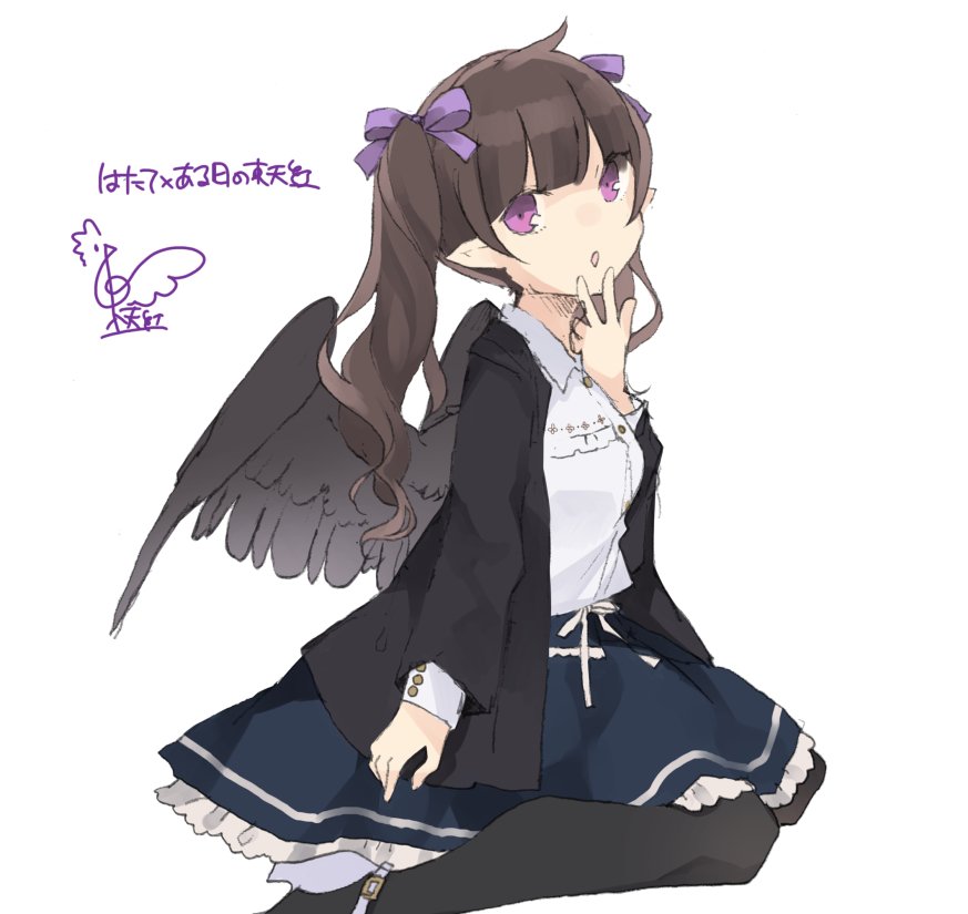 1girl alternate_costume bangs black_hair black_jacket black_legwear black_wings blue_skirt casual commentary_request contemporary feathered_wings feet_out_of_frame hair_ribbon hand_up high_heels himekaidou_hatate jacket long_hair long_sleeves looking_at_viewer open_clothes open_jacket pantyhose parted_lips petticoat pointy_ears purple_ribbon ribbon shirt signature simple_background sitting skirt solo touhou toutenkou translation_request violet_eyes wariza white_background white_footwear white_shirt wings
