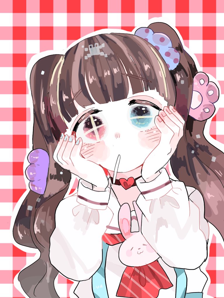 +_- 1girl bangs blue_eyes blunt_bangs blush brown_hair candy choker diagonal_stripes eyebrows_visible_through_hair food hanataro_(sruvhqkehy1zied) hands_on_own_cheeks hands_on_own_face heart heart_choker heterochromia long_hair long_sleeves mahou_shoujo_ikusei_keikaku_aces mouth_hold nakano_sorami outline plaid plaid_background red_eyes shirt solo striped twintails upper_body white_outline white_shirt