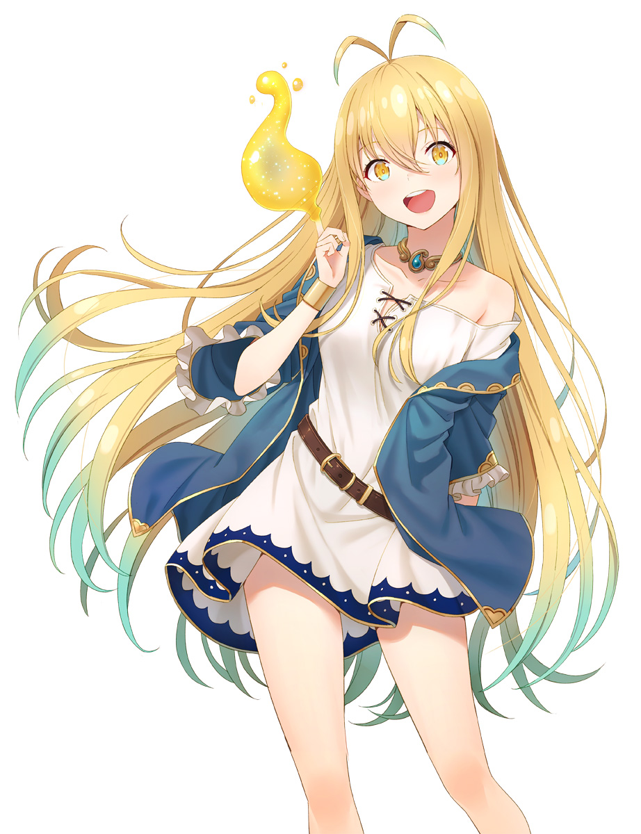 1girl :d antenna_hair bangs bare_shoulders belt belt_buckle blonde_hair blue_hair blue_jacket blush breasts brown_belt brown_eyes buckle collarbone commentary_request copyright_request dress eyebrows_visible_through_hair frilled_sleeves frills gradient_hair hair_between_eyes hand_up highres hyuuga_azuri index_finger_raised jacket long_hair looking_at_viewer multicolored_hair novel_illustration off_shoulder open_clothes open_jacket open_mouth round_teeth short_sleeves simple_background small_breasts smile solo teeth upper_teeth very_long_hair white_background white_dress