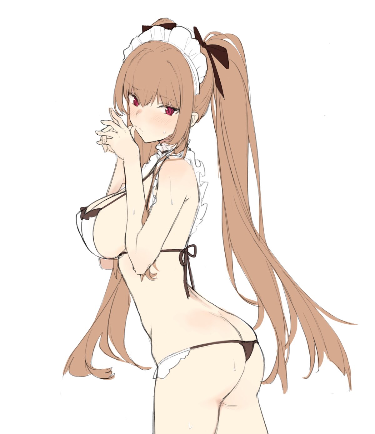 1girl aiko_(kanl) ass bikini breasts brown_hair choker closed_mouth cowboy_shot from_side hair_ribbon hands_up highres large_breasts long_hair looking_at_viewer looking_to_the_side maid_bikini maid_headdress original own_hands_together pink_eyes ribbon sidelocks sketch solo standing swimsuit twintails very_long_hair