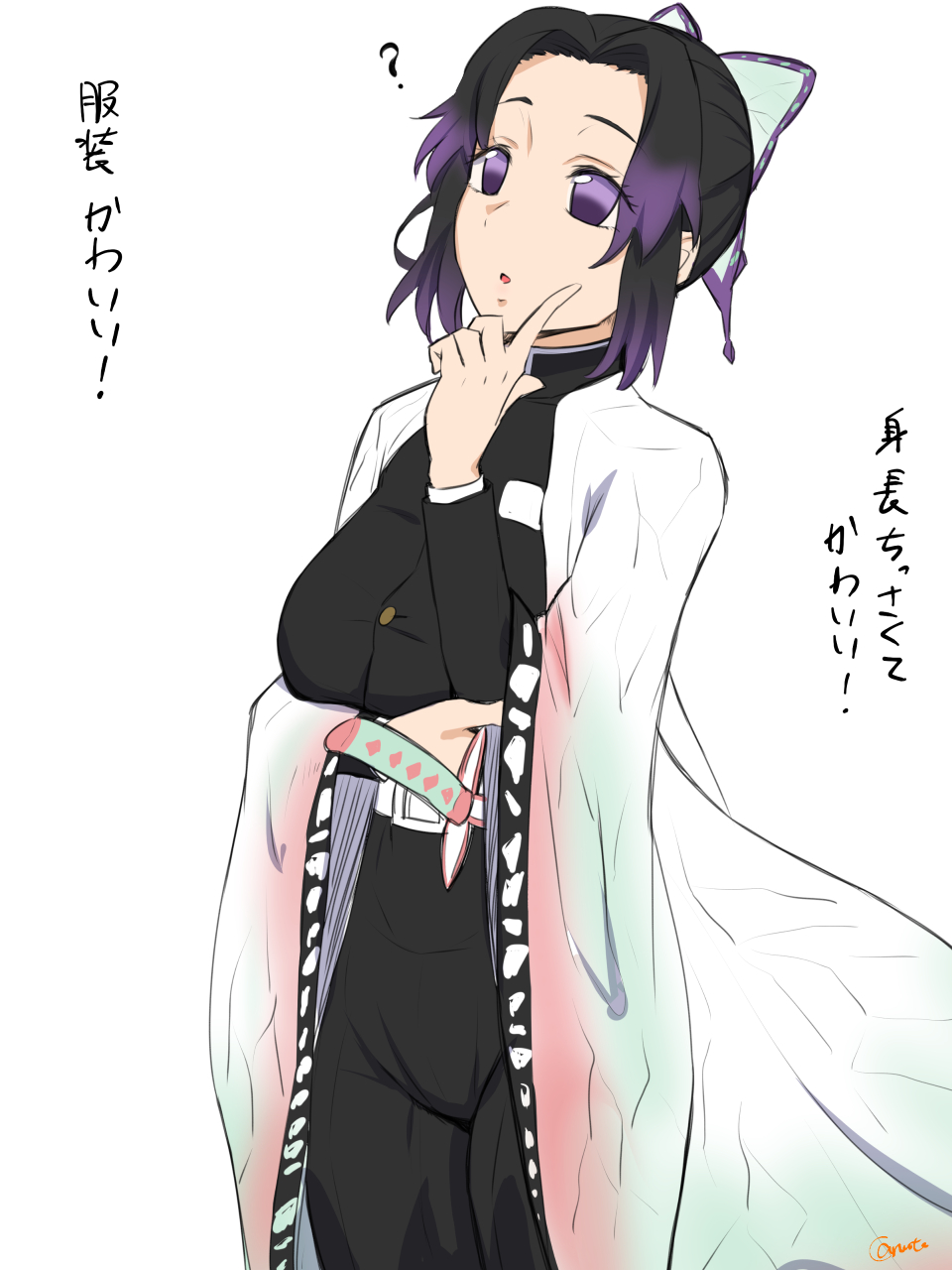 1girl :o ? arm_under_breasts bangs belt belt_buckle black_jacket black_pants breast_hold breasts buckle butterfly_hair_ornament caruta cowboy_shot forehead hair_ornament hand_up highres index_finger_raised jacket katana kimetsu_no_yaiba kochou_shinobu large_breasts long_sleeves looking_away open_clothes outline pants parted_bangs parted_lips purple_hair sidelocks signature simple_background solo sword translation_request violet_eyes weapon white_background white_belt white_outline wide_sleeves