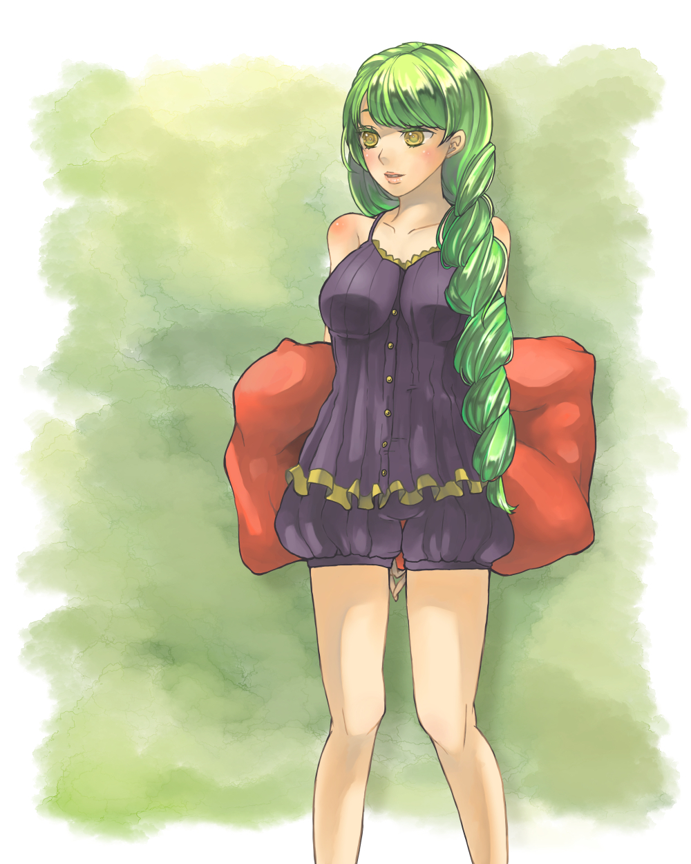 1girl alternate_costume breasts casual commentary_request fiore_brunelli green_hair highres long_hair pillow sleepwear smile solo star_ocean star_ocean_integrity_and_faithlessness yellow_eyes