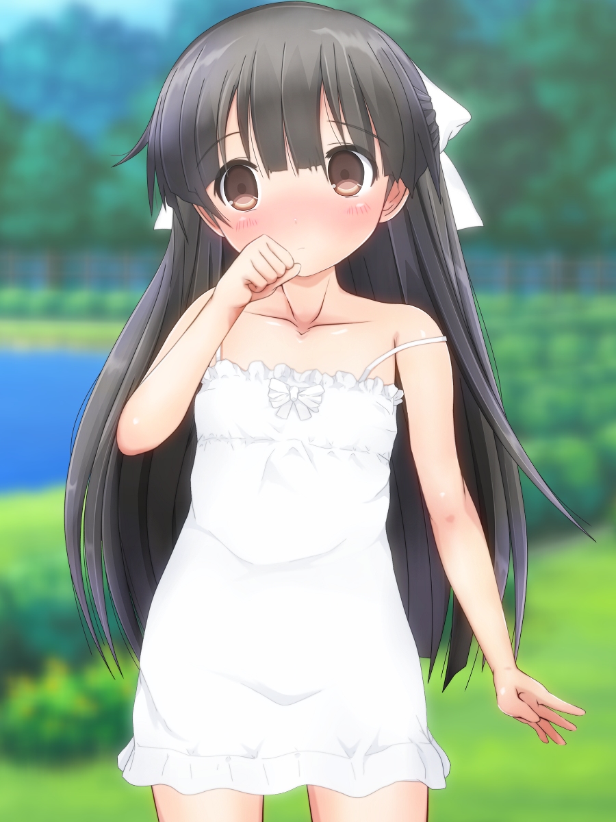 1girl black_hair blush bow commentary_request damubomu dress hair_bow hand_to_own_mouth highres long_hair original outdoors ribbon short_dress solo strap_slip sundress very_long_hair white_dress