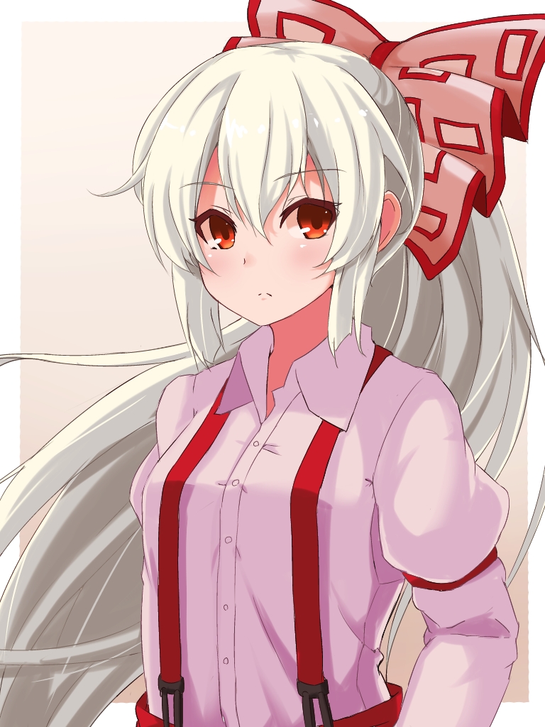 1girl bangs blush border bow commentary_request eyebrows_visible_through_hair fujiwara_no_mokou grey_background hair_between_eyes hair_bow juliet_sleeves long_hair long_sleeves looking_at_viewer outside_border pants pink_bow puffy_sleeves red_eyes red_pants remiria100 shirt sidelocks silver_hair simple_background solo suspenders touhou upper_body white_border white_shirt wing_collar