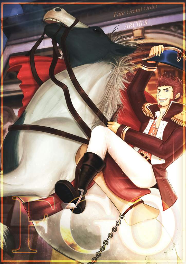 1boy bad_id beard blue_eyes boots brown_hair chest collared_jacket epaulettes facial_hair fate/grand_order fate_(series) hat horse horseback_riding long_sleeves looking_at_viewer male_focus military military_uniform napoleon_bonaparte_(fate/grand_order) open_mouth pants pectorals riding scar smile solo uniform