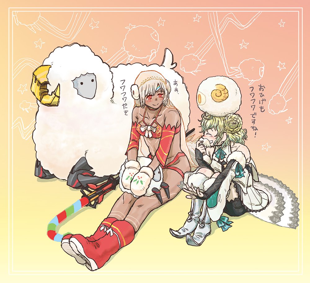 1boy 1girl altera_(fate) altera_the_santa apollo_(fate) boots breasts dark_skin detached_sleeves earmuffs fake_facial_hair fake_mustache fate/grand_order fate_(series) green_hair mittens paris_(fate/grand_order) red_eyes sheep sitting small_breasts smile veil white_hair