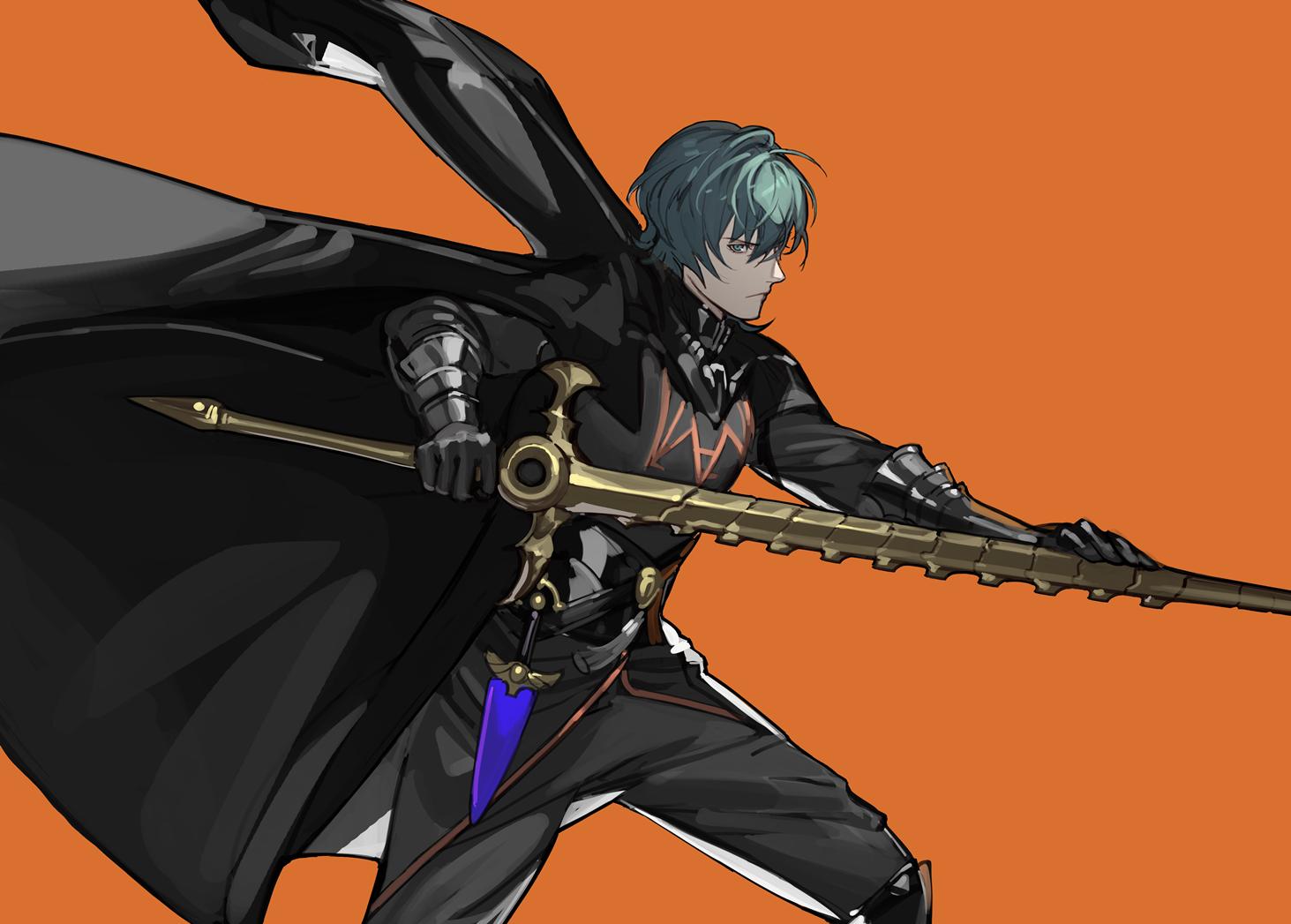 1boy armor black_legwear character_request closed_mouth copyright_request dagger fire_emblem gauntlets green_eyes green_hair holding holding_sword holding_weapon male_focus orange_background oto1750 scabbard sheath simple_background solo sword weapon