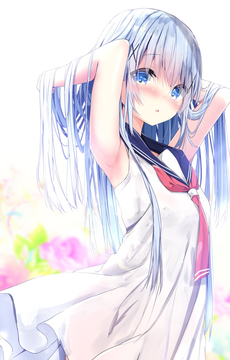 1girl arms_up bangs blue_eyes blue_hair blue_sailor_collar blurry blurry_background blush commentary_request depth_of_field dress eyebrows_visible_through_hair flower gochuumon_wa_usagi_desu_ka? hair_between_eyes hair_ornament hands_in_hair highres kafuu_chino kouda_suzu long_hair parted_lips pink_nails purple_flower sailor_collar sailor_dress see-through see-through_silhouette sleeveless sleeveless_dress solo very_long_hair white_background white_dress x_hair_ornament