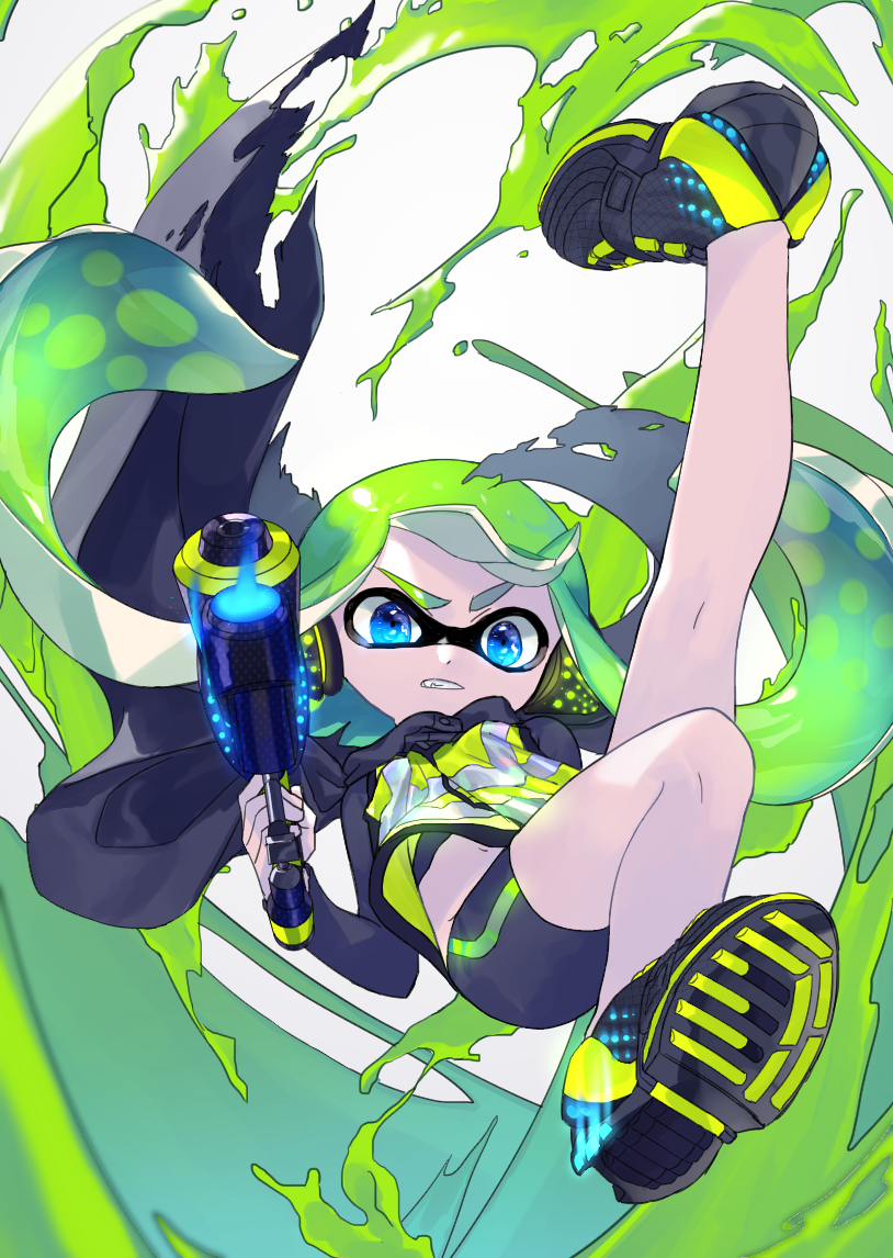 1girl action amatcha bangs bike_shorts black_footwear black_shirt black_shorts blunt_bangs commentary domino_mask falling frown green_hair grimace headgear hero_shot_(splatoon) holding holding_weapon inkling kneepits leg_up long_hair long_sleeves looking_at_viewer mask navel paint_splatter pointy_ears sharp_teeth shirt shoes shorts single_vertical_stripe solo splatoon_(series) splatoon_1 splatoon_2 splatoon_2:_octo_expansion squidbeak_splatoon teeth tentacle_hair v-shaped_eyebrows vest weapon white_background yellow_vest