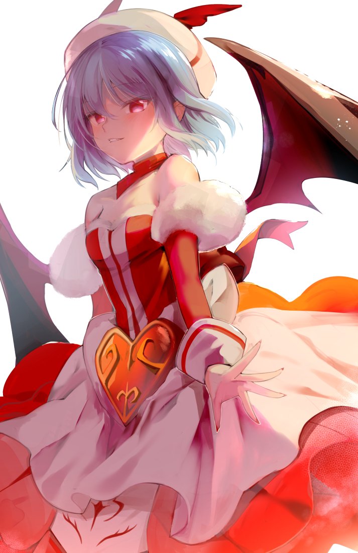 1girl alternate_costume bangs bare_shoulders bat_wings beret blue_hair breasts commentary_request cowboy_shot dress grin hat heart long_sleeves looking_at_viewer off-shoulder_dress off_shoulder parted_lips red_dress red_eyes remilia_scarlet short_hair simple_background small_breasts smile solo standing touhou white_background white_headwear wings yuki_(popopo)