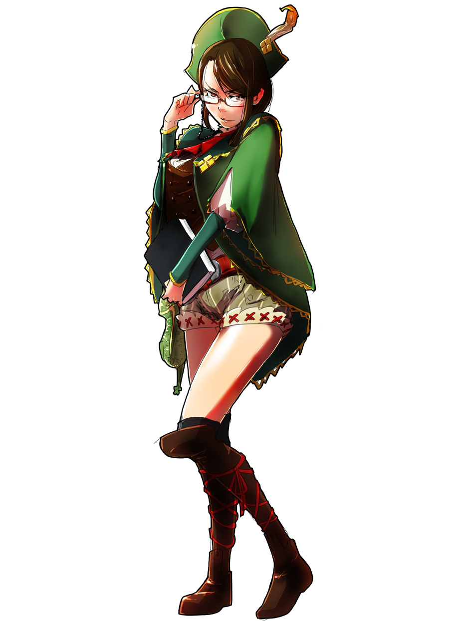 1girl adjusting_eyewear bangs black_legwear book boots breasts brown_eyes brown_hair cape commentary_request full_body glasses guildmarm_(monster_hunter) hat hat_feather highres holding holding_book knee_boots looking_at_viewer monster_hunter monster_hunter_4 over-kneehighs red-framed_eyewear semi-rimless_eyewear shinmai_koshihikari shrots solo standing swept_bangs thigh-highs tricorne under-rim_eyewear