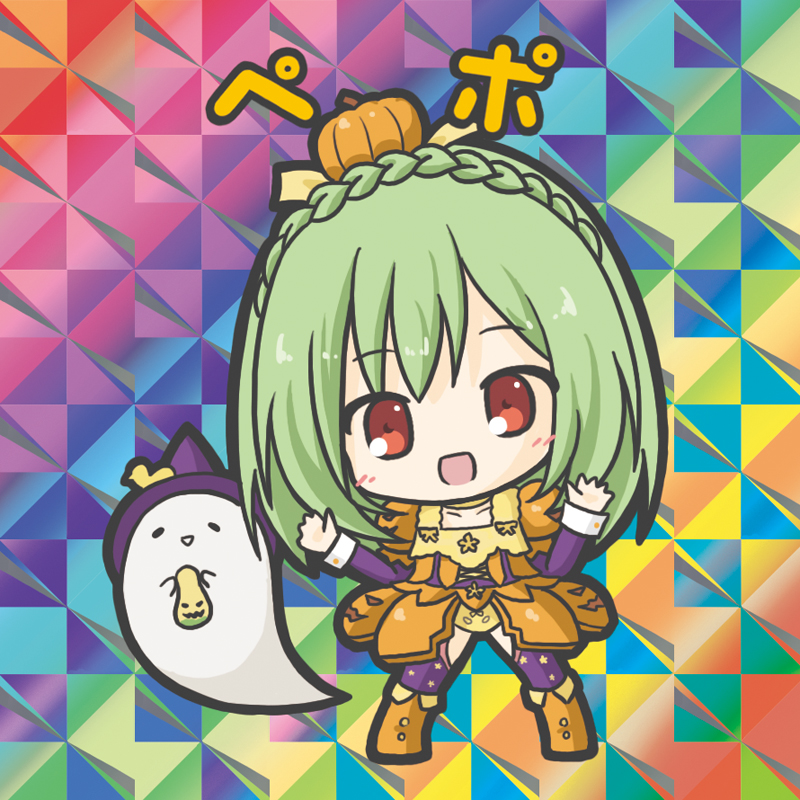 1girl :d bangs big_head bikkuriman bikkuriman_(style) blush boots braid breasts character_name chibi colorful cross-laced_clothes crown_braid dress eyebrows_visible_through_hair flat_color flower_knight_girl fringe_trim full_body ghost green_hair halloween hands_up happy hat iridescent knee_boots long_hair long_sleeves multicolored multicolored_background no_nose open_mouth orange_dress orange_footwear parody pepo_(flower_knight_girl) puffy_short_sleeves puffy_sleeves pumpkin pumpkin_costume purple_headwear purple_legwear red_eyes rinechun short_over_long_sleeves short_sleeves sleeve_cuffs smile solo standing sticker style_parody thigh-highs w_arms witch_hat