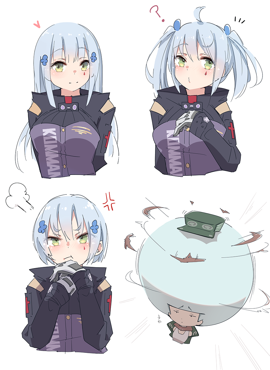 2girls ? afro alternate_hair_length alternate_hairstyle anger_vein aqua_hair breasts chin_rest g11_(girls_frontline) girls_frontline gloves green_eyes green_hair hair_ornament hat heart highres hk416_(girls_frontline) jacket katuo1129 long_hair looking_at_viewer medium_breasts multiple_girls pout pouty_lips raised_eyebrow short_hair silver_hair simple_background standing tank_top twintails upper_body white_background