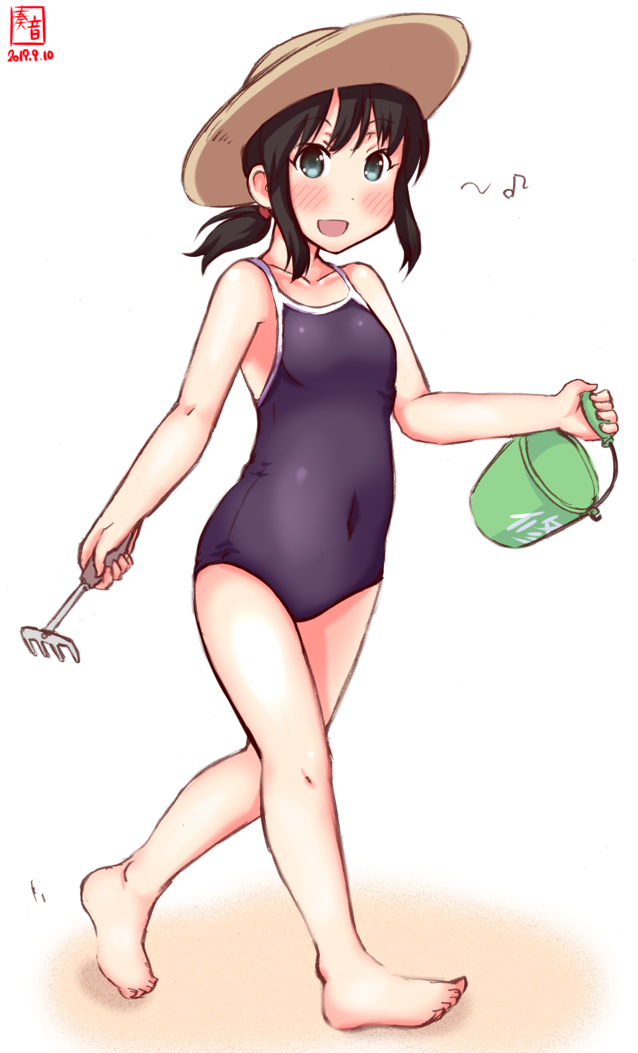 1girl alternate_costume artist_logo barefoot black_hair black_swimsuit bucket commentary_request competition_school_swimsuit dated fubuki_(kantai_collection) full_body green_eyes hat highres kanon_(kurogane_knights) kantai_collection long_hair looking_at_viewer low_ponytail ponytail rake repair_bucket school_swimsuit short_ponytail sidelocks simple_background smile solo straw_hat sun_hat swimsuit white_background