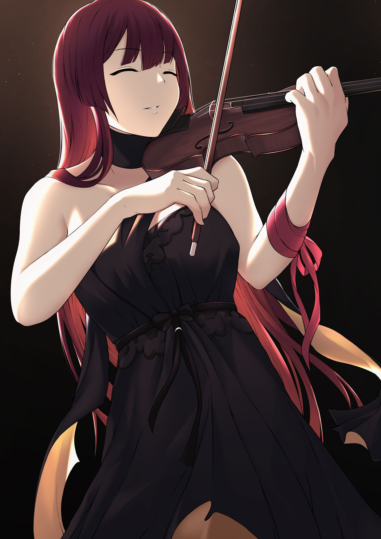1girl alternate_costume bangs bare_shoulders black_dress breasts bushidokuroi choker closed_eyes cowboy_shot dress eyebrows_visible_through_hair girls_frontline gradient gradient_background highres holding holding_instrument instrument light_particles long_hair music parted_lips playing_instrument purple_hair red_ribbon ribbon simple_background solo violin wa2000_(girls_frontline) wrist_ribbon
