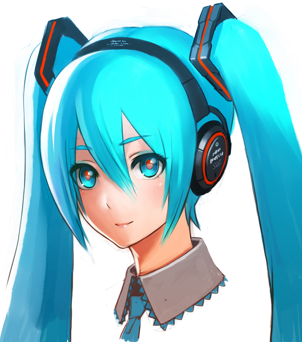 1girl aqua_eyes aqua_hair commentary detached_collar face hair_between_eyes hair_ornament hatsune_miku headphones light_smile long_hair looking_at_viewer multicolored multicolored_eyes necktie portrait red_eyes solo twintails very_long_hair vocaloid yoshimura_ken'ichirou