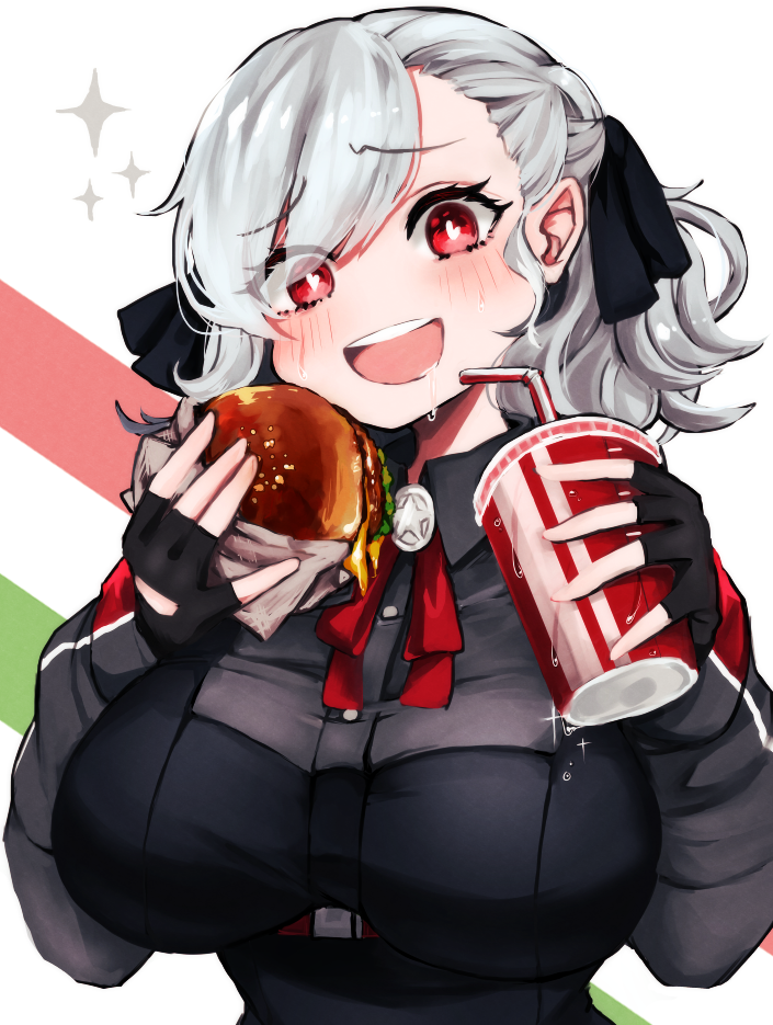 1girl asymmetrical_bangs bangs bendy_straw black_gloves black_ribbon blush breasts buttons condensation cup disposable_cup drinking_straw dripping eyebrows_visible_through_hair eyelashes fingerless_gloves food girls_frontline gloves hair_ribbon hamburger heart heart-shaped_pupils holding kairi630 large_breasts long_sleeves red_eyes red_neckwear ribbon saliva silver_hair solo sparkle spas-12_(girls_frontline) symbol-shaped_pupils upper_body