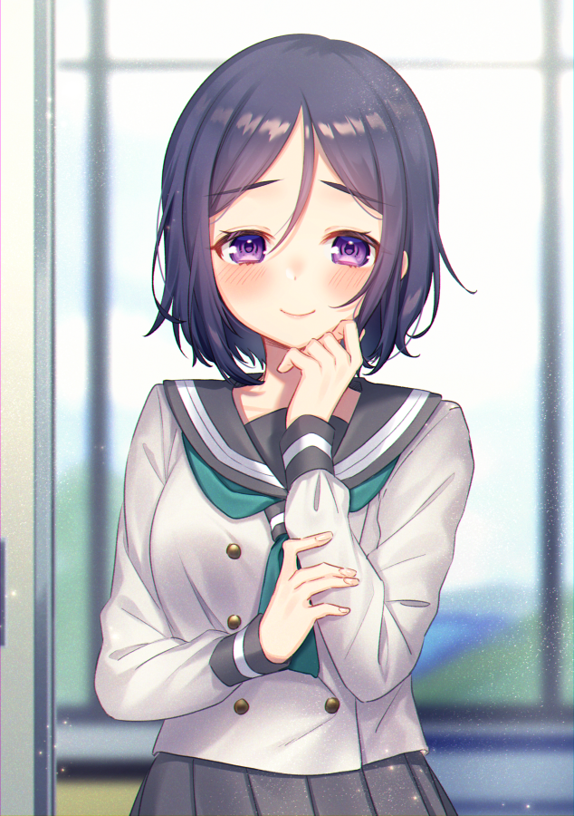 1girl aqua_neckwear bangs black_sailor_collar black_skirt blurry blurry_background blush character_request closed_mouth depth_of_field eyebrows_visible_through_hair grey_shirt hand_on_own_arm hand_on_own_face indoors long_sleeves looking_at_viewer love_live! love_live!_sunshine!! moyui_(myi_005) neckerchief parted_bangs pleated_skirt purple_hair sailor_collar school_uniform shirt short_hair skirt smile solo tareme upper_body uranohoshi_school_uniform violet_eyes window