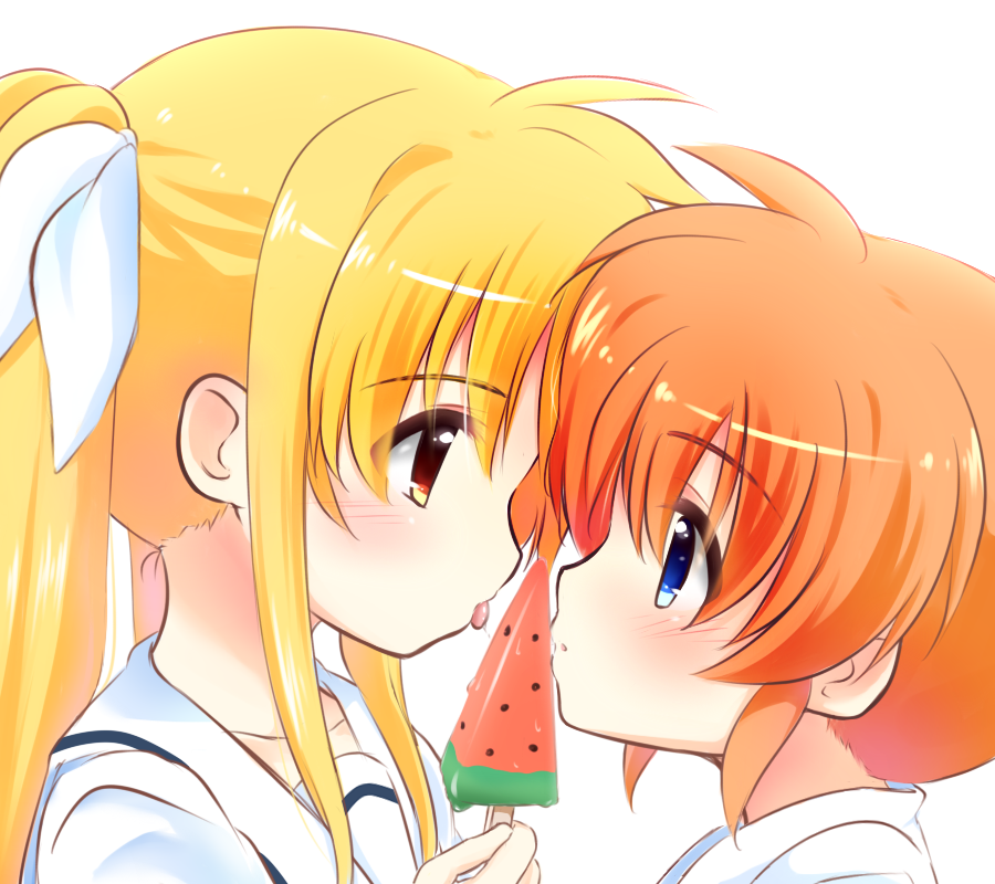 2girls blonde_hair blue_eyes blush collared_shirt couple eye_contact fate_testarossa food fruit hair_ornament hair_ribbon kerorokjy licking long_hair looking_at_another lyrical_nanoha mahou_shoujo_lyrical_nanoha multiple_girls orange_hair popsicle red_eyes ribbon school_uniform shirt short_hair short_twintails simple_background sweat takamachi_nanoha tongue twintails uniform watermelon watermelon_bar white_background white_ribbon white_uniform yuri