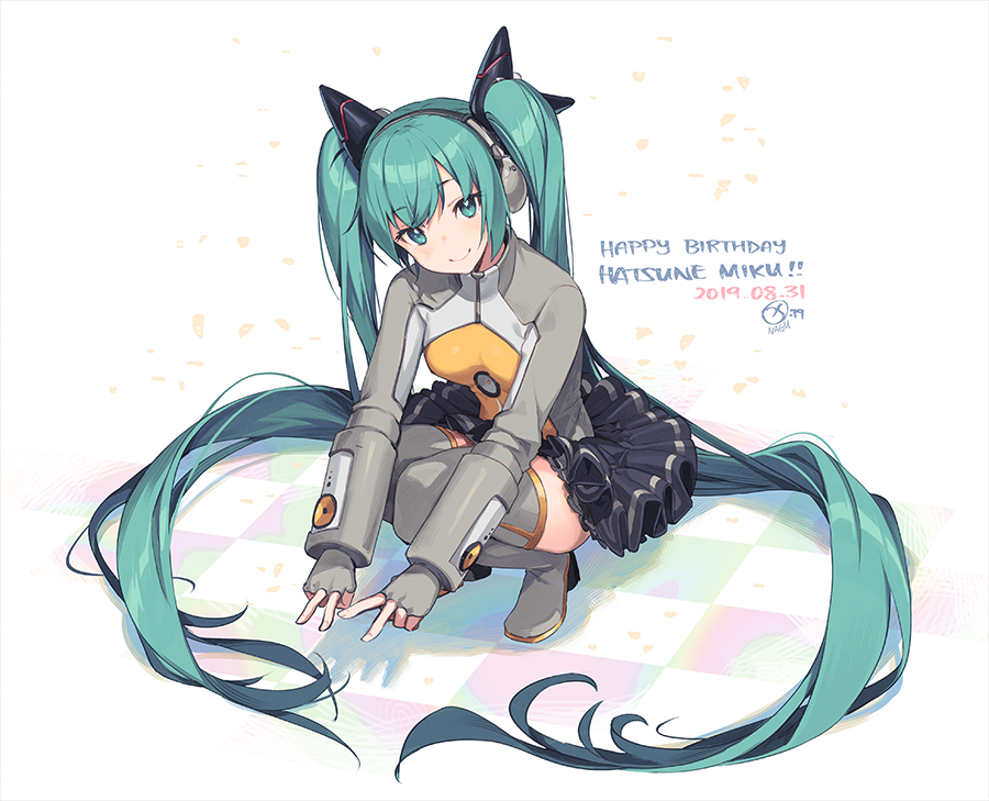 aqua_eyes aqua_hair beige_legwear beige_shirt black_skirt bodysuit cat_ear_headphones checkered checkered_floor commentary double_v fingerless_gloves frilled_skirt frills gloves hair_ornament happy_birthday hatsune_miku headphones long_hair looking_at_viewer looking_up nagu odds_&amp;_ends_(vocaloid) outstretched_arms shadow skirt smile speaker squatting thigh-highs twintails v very_long_hair vocaloid zettai_ryouiki