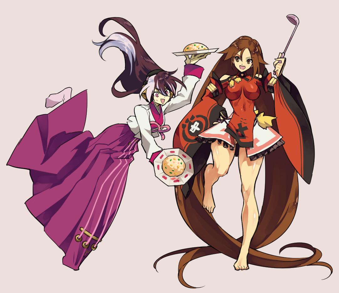 2girls absurdly_long_hair alternate_hairstyle barefoot black_hair breasts brown_eyes brown_hair china_dress chinese_clothes detached_sleeves dress flat_chest food fried_rice grey_hair guilty_gear guilty_gear_xrd hair_down headphones impossible_clothes impossible_dress jako_(toyprn) korean_clothes kum_haehyun kuradoberi_jam ladle large_breasts long_hair multicolored_hair multiple_girls plate red_dress thighs toes tripping twintails two-tone_hair very_long_hair violet_eyes wide_sleeves