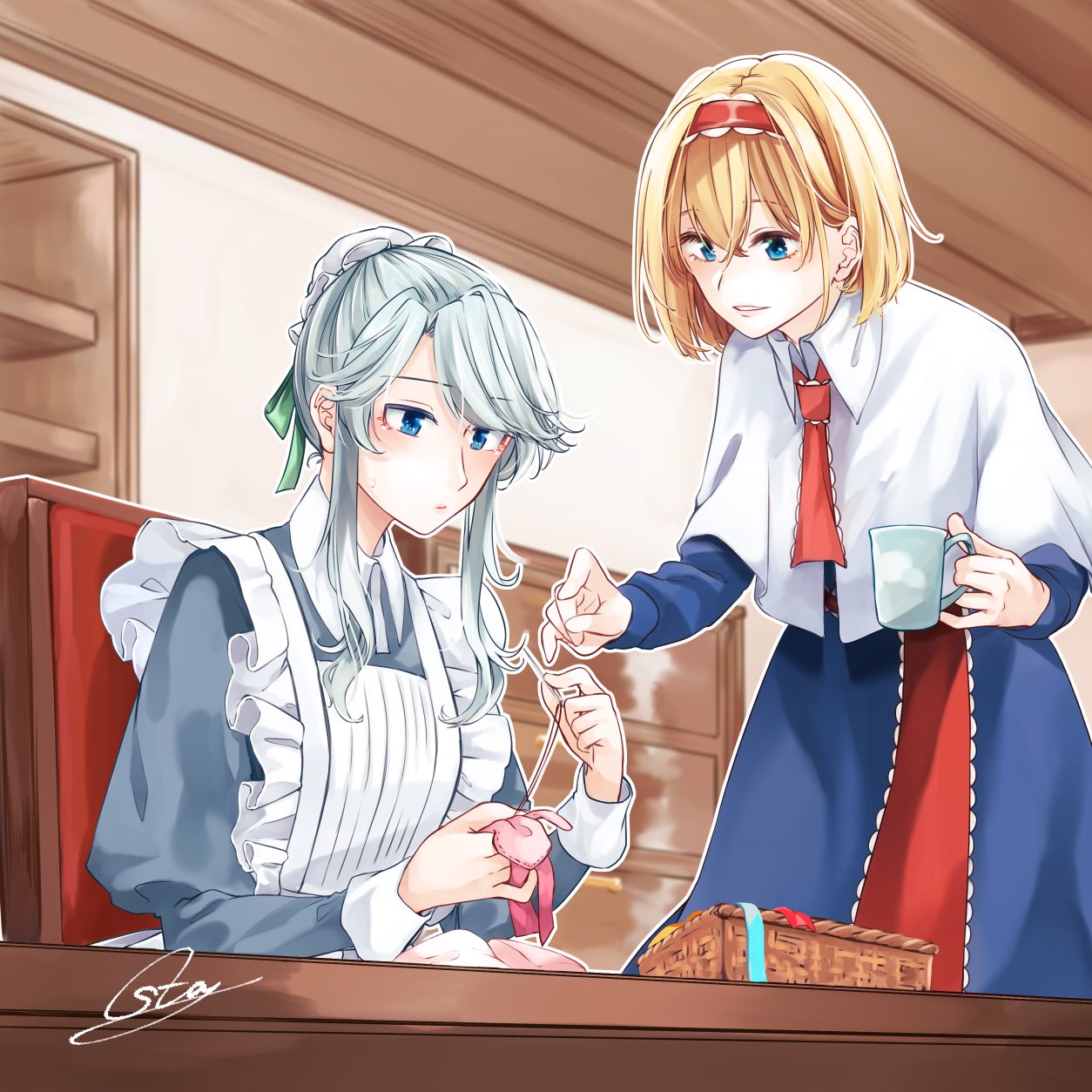 2girls alice_margatroid apron bangs blonde_hair blue_dress blue_eyes blush bun_cover capelet chair commentary_request cowboy_shot cup dress eyebrows_visible_through_hair green_ribbon hair_bun hair_ribbon hairband highres holding holding_cup indoors izayoi_sakuya juliet_sleeves lolita_hairband long_sleeves looking_at_another maid maid_apron mug multiple_girls needle outline parted_lips puffy_sleeves red_hairband red_neckwear ribbon sewing sewing_needle shelf short_hair sidelocks signature silver_hair smile souta_(karasu_no_ouchi) standing swept_bangs touhou upper_body white_apron white_capelet white_outline