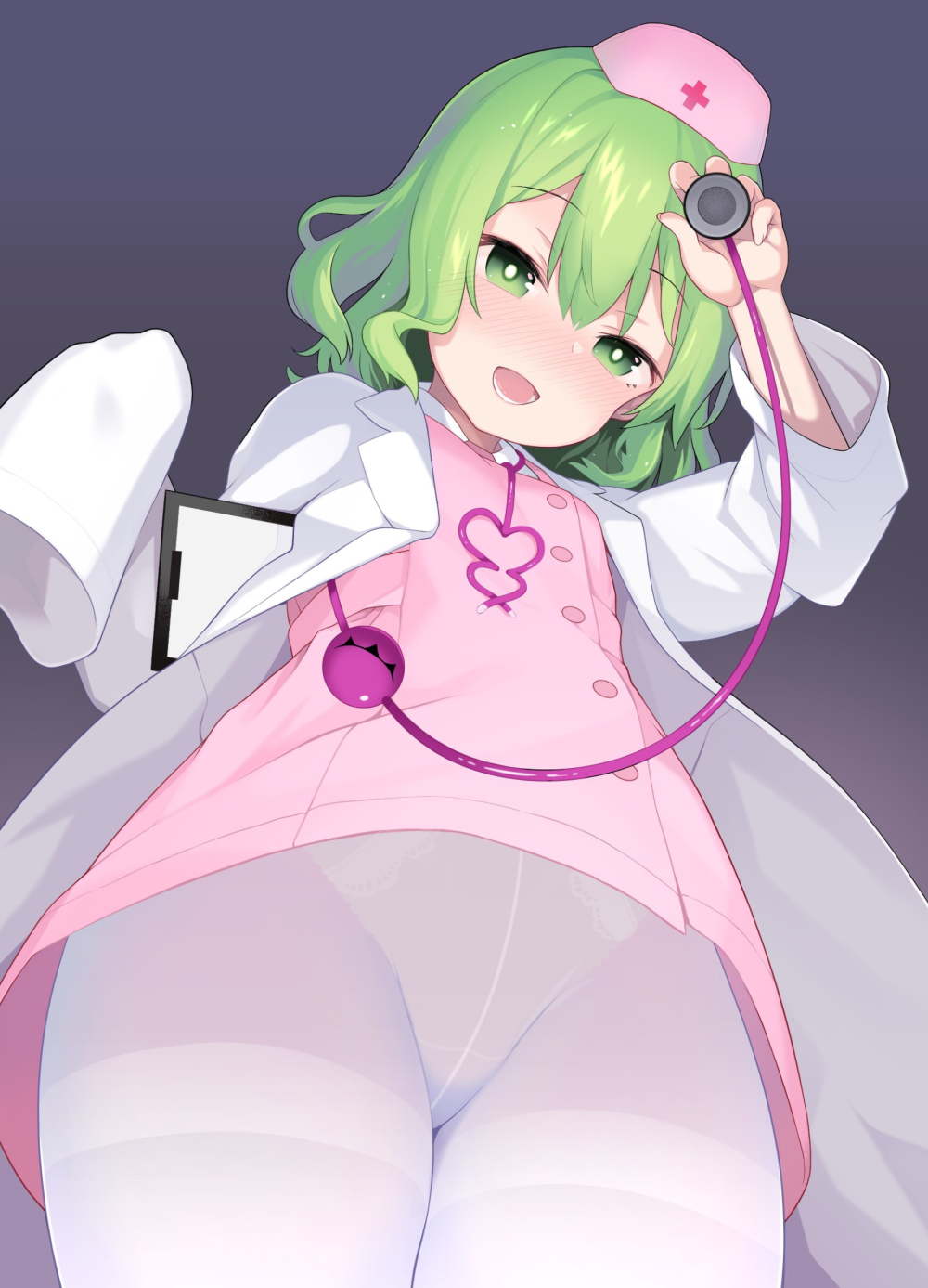 bangs blush bright_pupils buttons clipboard commentary_request dutch_angle eyebrows_visible_through_hair from_below green_eyes green_hair hat highres komeiji_koishi labcoat long_sleeves looking_at_viewer nurse nurse_cap open_mouth panties panties_under_pantyhose pantyhose pantyshot pantyshot_(standing) saryuu_(iriomote) sidelocks sleeves_past_fingers sleeves_past_wrists smile standing stethoscope teeth third_eye touhou underwear white_legwear white_pupils