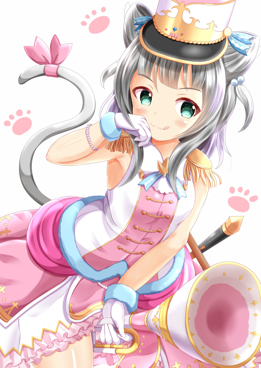1girl :3 :q between_legs blush bracelet breasts cat_tail character_request closed_mouth commentary_request epaulettes frilled_skirt frills gloves grey_hair hair_bobbles hair_ornament hand_up hat highres holding holding_instrument instrument jewelry long_hair ongeki paw_background pearl_bracelet pink_ribbon pink_skirt ribbon shako_cap shirt sidelocks skirt sleeveless sleeveless_shirt small_breasts solo sword tail tail_ribbon tongue tongue_out trumpet two_side_up weapon white_gloves white_headwear white_shirt zenon_(for_achieve)