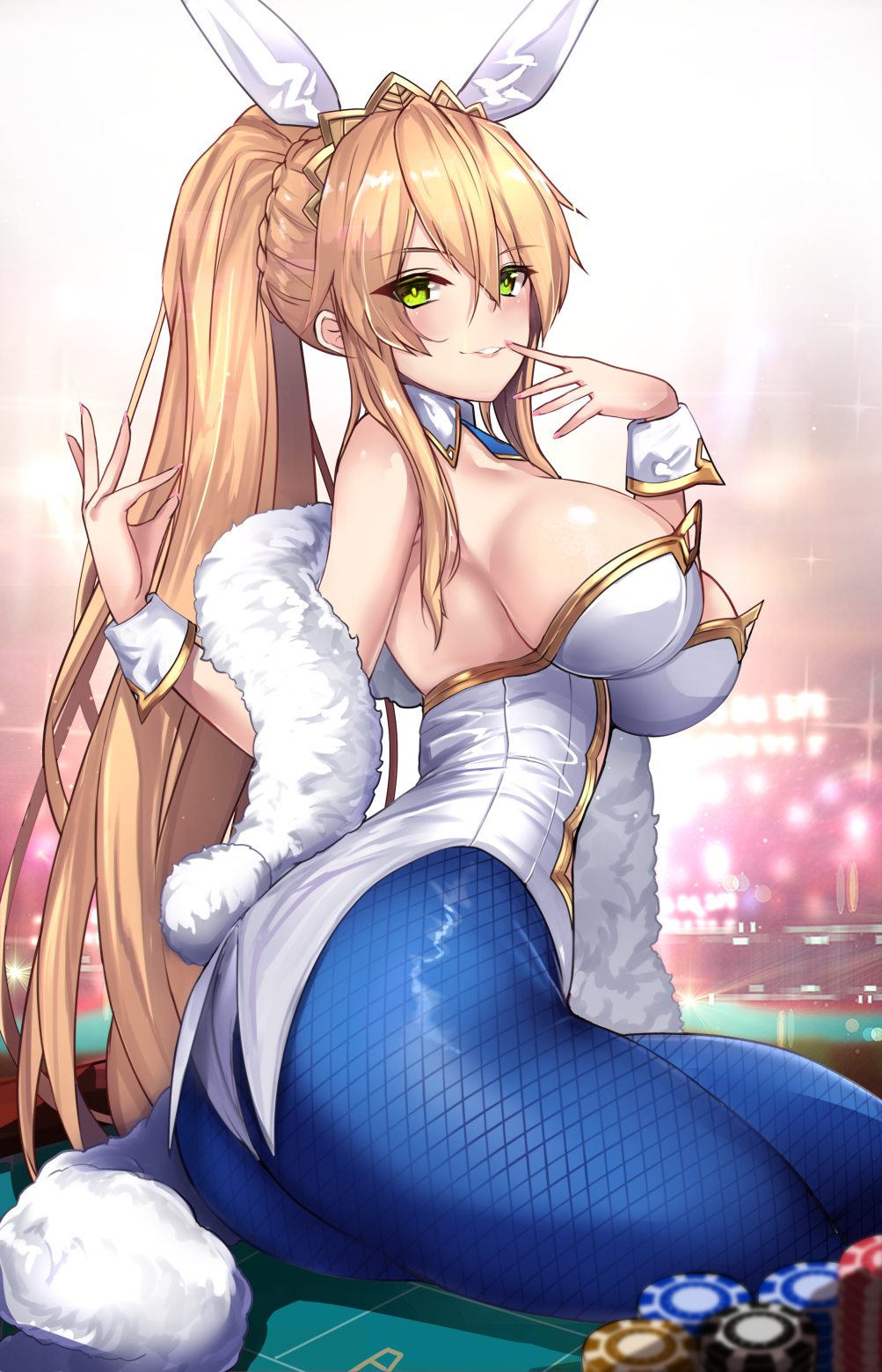 1girl animal_ears artoria_pendragon_(all) artoria_pendragon_(swimsuit_ruler)_(fate) ass bangs blonde_hair blue_legwear blush braid breasts bunnysuit detached_collar fate/grand_order fate_(series) feather_boa fishnet_pantyhose fishnets french_braid green_eyes hair_between_eyes highres large_breasts leotard long_hair looking_at_viewer pantyhose parted_lips poker_chip poker_table ponytail rabbit_ears sidelocks sitting smile solo thighs tiara untsue white_leotard wrist_cuffs
