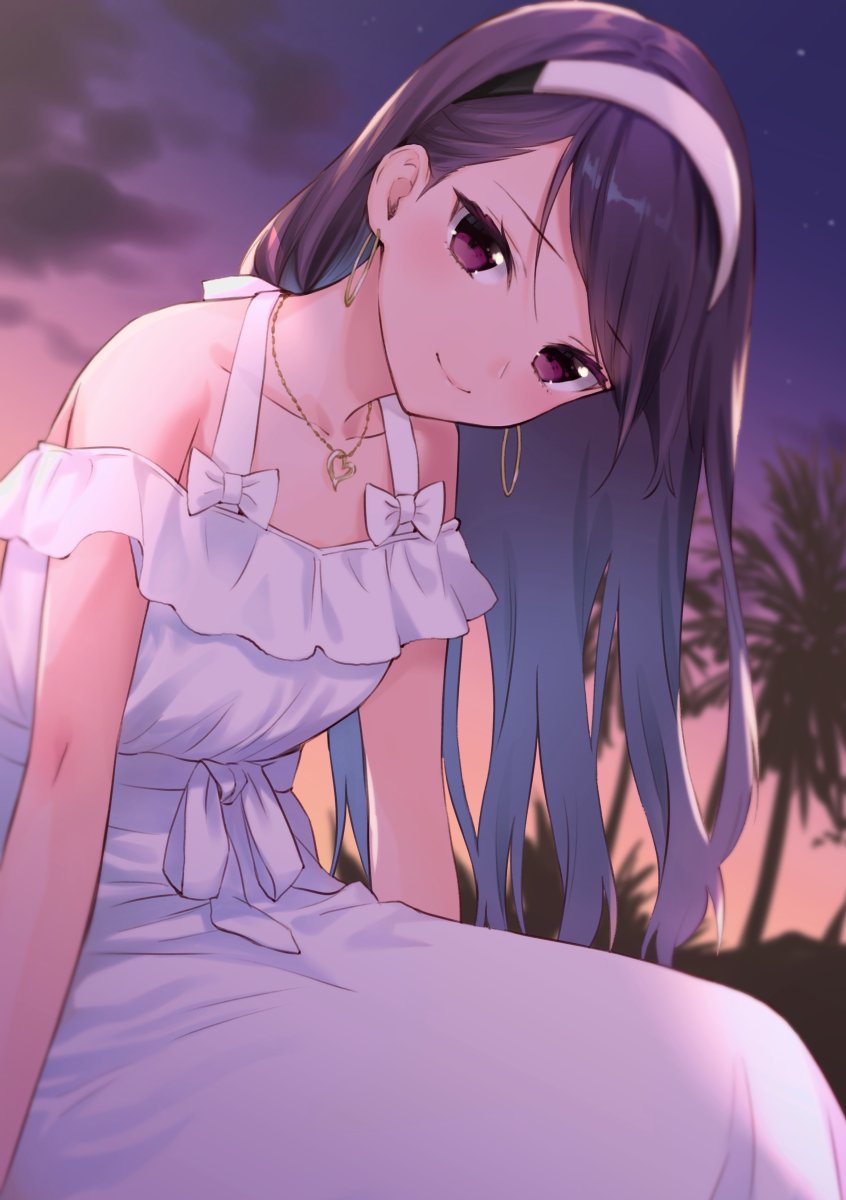 1girl bangs blush brown_hair closed_mouth collarbone dress earrings eyebrows_visible_through_hair feet_out_of_frame frilled_dress frills gundou_mirei head_tilt headband heart heart_necklace highres hijiki_(hijikini) hoop_earrings jewelry long_hair looking_at_viewer necklace nijisanji off-shoulder_dress off_shoulder outdoors palm_tree purple_hair ribbon sitting sky sleeveless smile solo sunset swept_bangs tree violet_eyes white_dress white_headwear white_ribbon