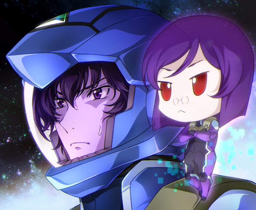 2boys :&lt; adumi_veleta blue_helmet bob_cut chibi commentary_request crossed_arms eyebrows glasses gundam gundam_00 gundam_00_a_wakening_of_the_trailblazer helmet hologram multiple_boys on_shoulder pilot_suit purple_hair red_eyes setsuna_f_seiei space sweatdrop tieria_erde tsurime