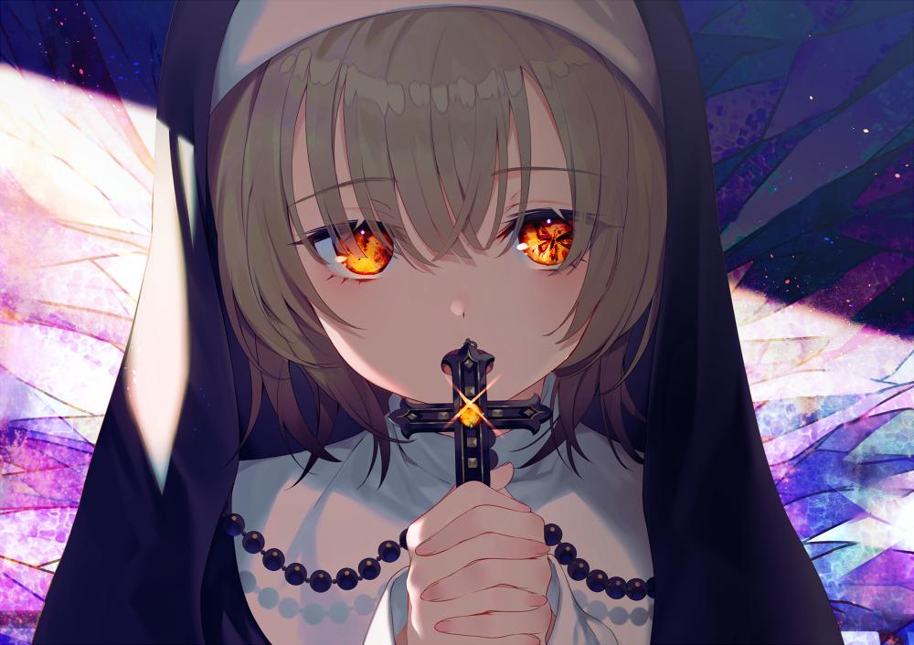 1girl achiki bangs beads brown_hair commentary_request cross glint habit hair_between_eyes holding holding_cross interlocked_fingers looking_at_viewer nun open_mouth orange_eyes original own_hands_together portrait short_hair solo symbol-shaped_pupils veil