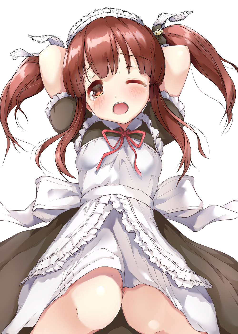 1girl ;o alternate_costume apron arms_behind_head arms_up bangs black_dress blush breasts brown_eyes brown_hair collared_dress commentary_request dress enmaided eyebrows_visible_through_hair frilled_sleeves frills highres idolmaster idolmaster_cinderella_girls kuroba_aki long_hair looking_at_viewer maid maid_headdress neck_ribbon ogata_chieri one_eye_closed open_mouth puffy_short_sleeves puffy_sleeves red_ribbon ribbon short_sleeves sidelocks simple_background small_breasts solo tears twintails upper_teeth white_apron white_background
