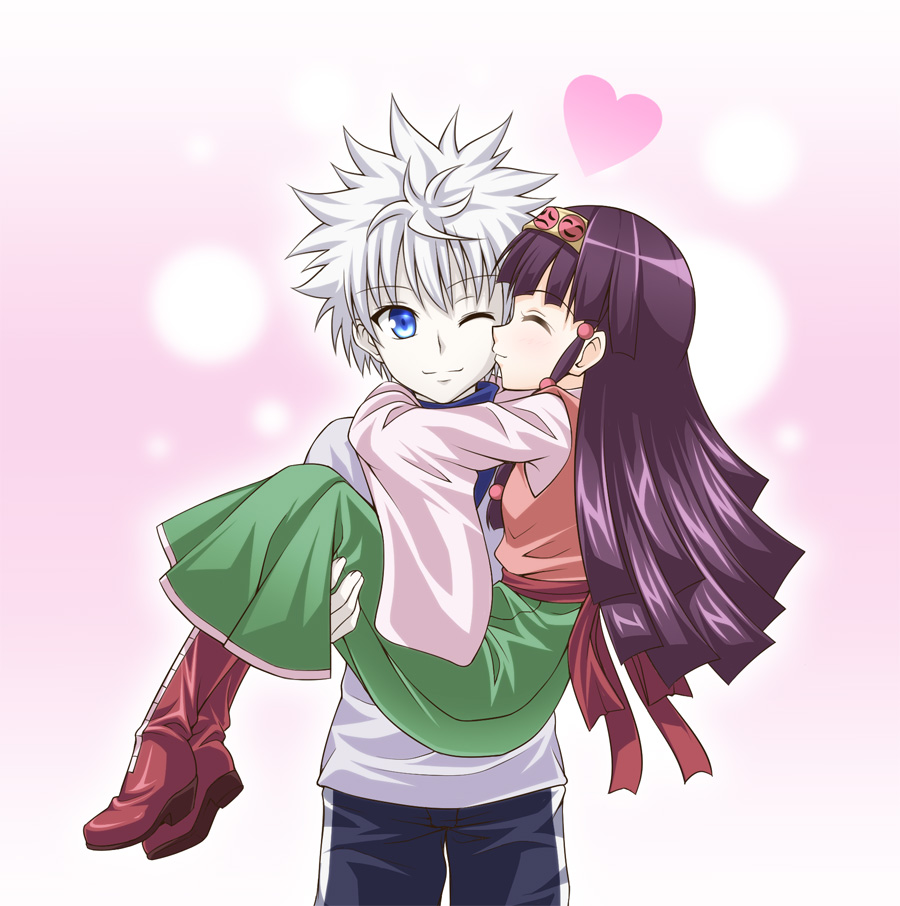 ;) alluka_zoldyck blue_eyes boots brown_hair carrying closed_eyes hunter_x_hunter killua_zoldyck kyuutou_(kyuutouryuu) long_hair one_eye_closed princess_carry silver_hair smile thigh-highs thigh_boots