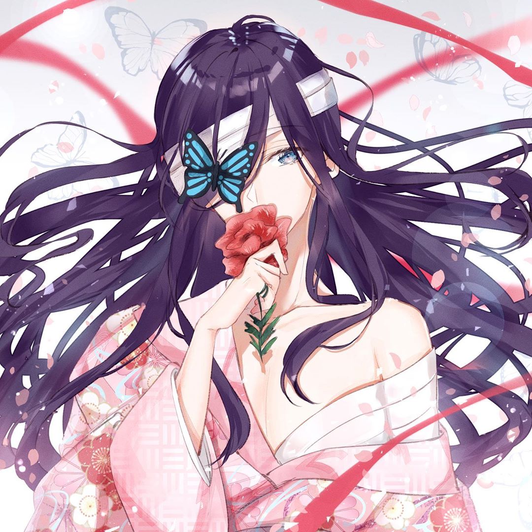 androgynous bandaged_head bandages blue_eyes bug butterfly floral_print flower hair_between_eyes holding holding_flower insect japanese_clothes long_hair looking_at_viewer nu10040904 off_shoulder original purple_hair red_flower solo unmoving_pattern upper_body very_long_hair white_background