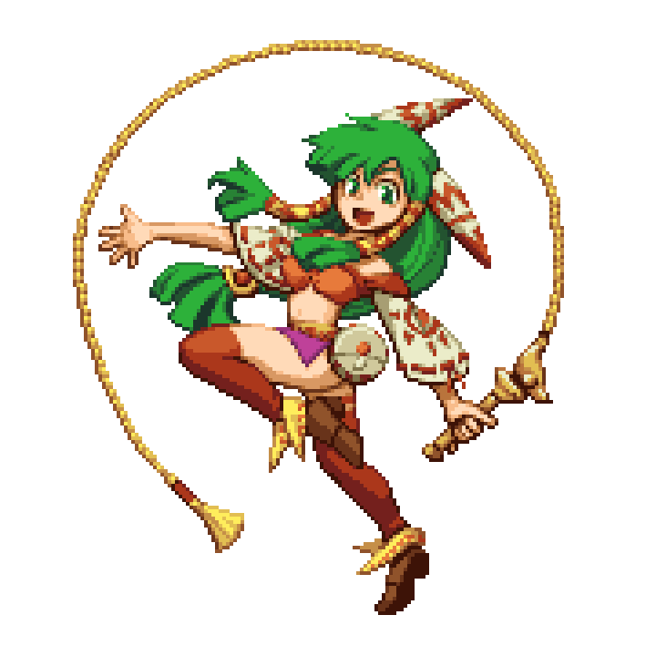 1girl breasts brown_footwear feena_(grandia) grandia green_eyes green_hair hair_ornament hair_tubes holding_whip jewelry long_hair looking_at_viewer low-tied_long_hair midriff navel open_mouth pixel_art pixelflag red_legwear ribbon-trimmed_sleeves ribbon_trim simple_background smile solo thigh-highs whip white_background wide_sleeves