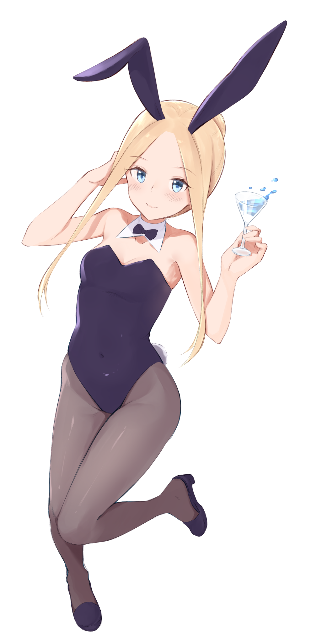 1girl abigail_williams_(fate/grand_order) animal_ears bangs bare_arms bare_shoulders black_footwear black_leotard black_neckwear blonde_hair blue_eyes blush bow bowtie breasts brown_legwear bunny_girl bunny_tail bunnysuit closed_mouth collar collarbone commentary_request covered_navel cup detached_collar drink eyebrows_visible_through_hair fate/grand_order fate_(series) forehead full_body hair_bun hands_up high_heels highres holding holding_cup jilu leotard long_hair pantyhose parted_bangs rabbit_ears shoes sidelocks simple_background small_breasts smile solo strapless strapless_leotard tail white_background white_collar