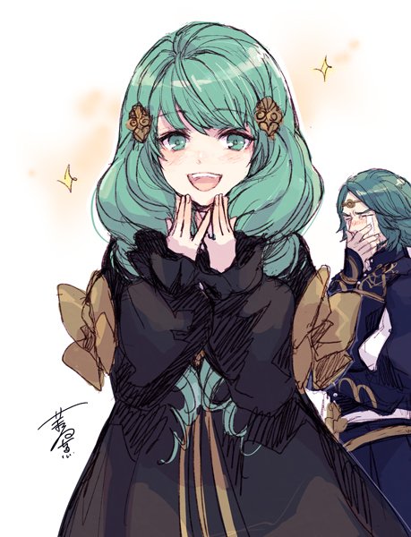 1boy 1girl bow brother_and_sister closed_eyes crying fire_emblem fire_emblem:_three_houses flayn_(fire_emblem) garreg_mach_monastery_uniform green_eyes green_hair hagiya_kaoru hair_ornament long_hair long_sleeves open_mouth seteth_(fire_emblem) short_hair siblings simple_background uniform white_background