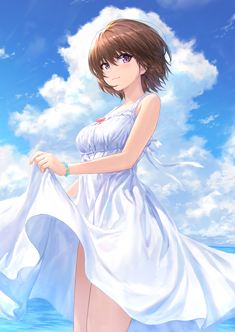 1girl bangs blush bracelet breasts brown_hair closed_mouth clouds cloudy_sky day dress eyebrows_visible_through_hair guchico jewelry looking_at_viewer medium_breasts ocean original outdoors short_hair skirt_hold sky sleeveless sleeveless_dress smile solo standing sundress thighs violet_eyes white_dress