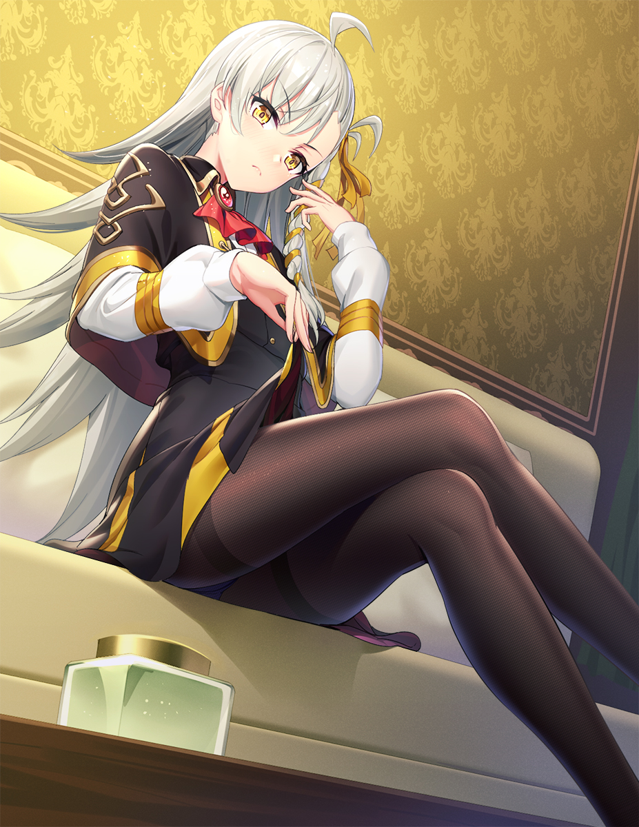 1girl ahoge ascot bangs black_capelet black_dress black_legwear blush brooch brown_eyes brown_ribbon capelet closed_mouth commentary_request crossed_legs dress dress_lift eyebrows_visible_through_hair fate/grand_order fate_(series) feet_out_of_frame hair_ribbon hand_up highres jewelry lifted_by_self long_hair long_sleeves looking_at_viewer lord_el-melloi_ii_case_files olga_marie_animusphere pantyhose pleated_dress red_neckwear ribbon ririko_(zhuoyandesailaer) seat shirt silver_hair sitting solo thighband_pantyhose train_interior very_long_hair white_shirt