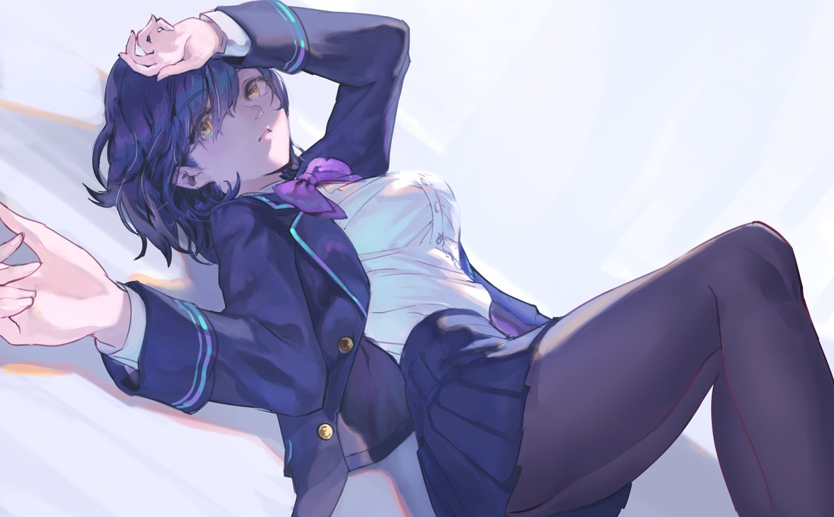1girl arm_over_head ass bangs blazer blue_hair blue_jacket blue_skirt bow bowtie brown_legwear buttons feet_out_of_frame gigapuri jacket knees_up long_sleeves looking_at_viewer lying nijisanji on_back open_clothes open_jacket pantyhose parted_lips purple_neckwear school_uniform shirt shizuka_rin short_hair skirt solo thighs virtual_youtuber white_background white_shirt yellow_eyes