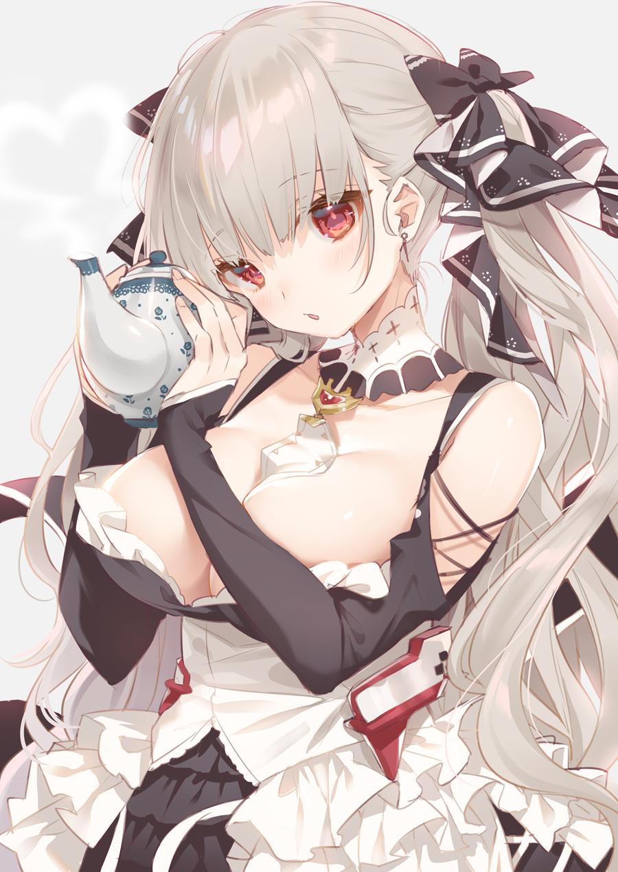 1girl azur_lane bangs between_breasts black_bow black_dress bow breasts collarbone commentary_request dress eyebrows_visible_through_hair fingernails formidable_(azur_lane) grey_background grey_hair hair_bow hands_up highres holding holding_teapot kurokuma_(kuro_kumagaya) large_breasts long_hair long_sleeves looking_at_viewer parted_lips red_eyes shoulder_cutout simple_background sleeves_past_wrists solo teapot very_long_hair