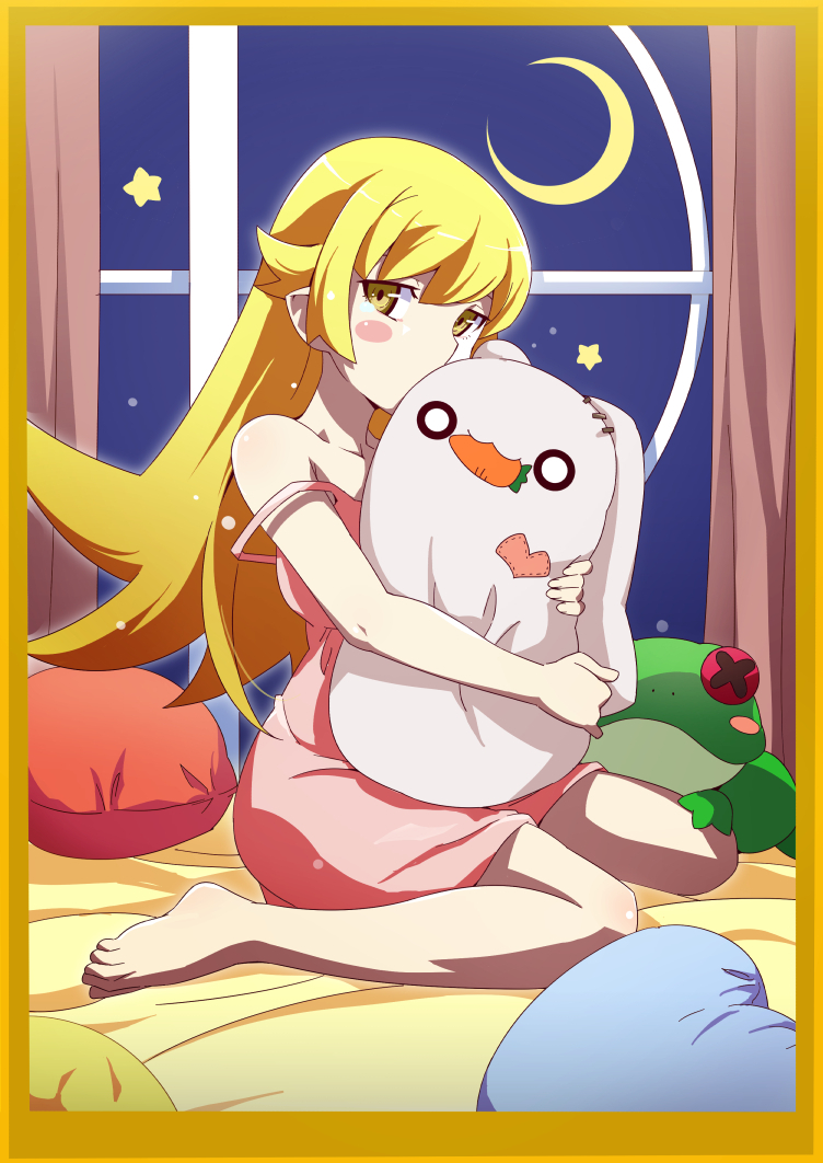 1girl bakemonogatari bangs bare_arms bare_shoulders barefoot bed_sheet blonde_hair blush_stickers border brown_border brown_eyes covered_mouth crescent_moon curtains dress gesugesu_ahoaho hair_between_eyes long_hair looking_at_viewer monogatari_(series) moon night night_sky object_hug oshino_shinobu pink_dress sky solo star strap_slip stuffed_animal stuffed_bunny stuffed_frog stuffed_toy very_long_hair window