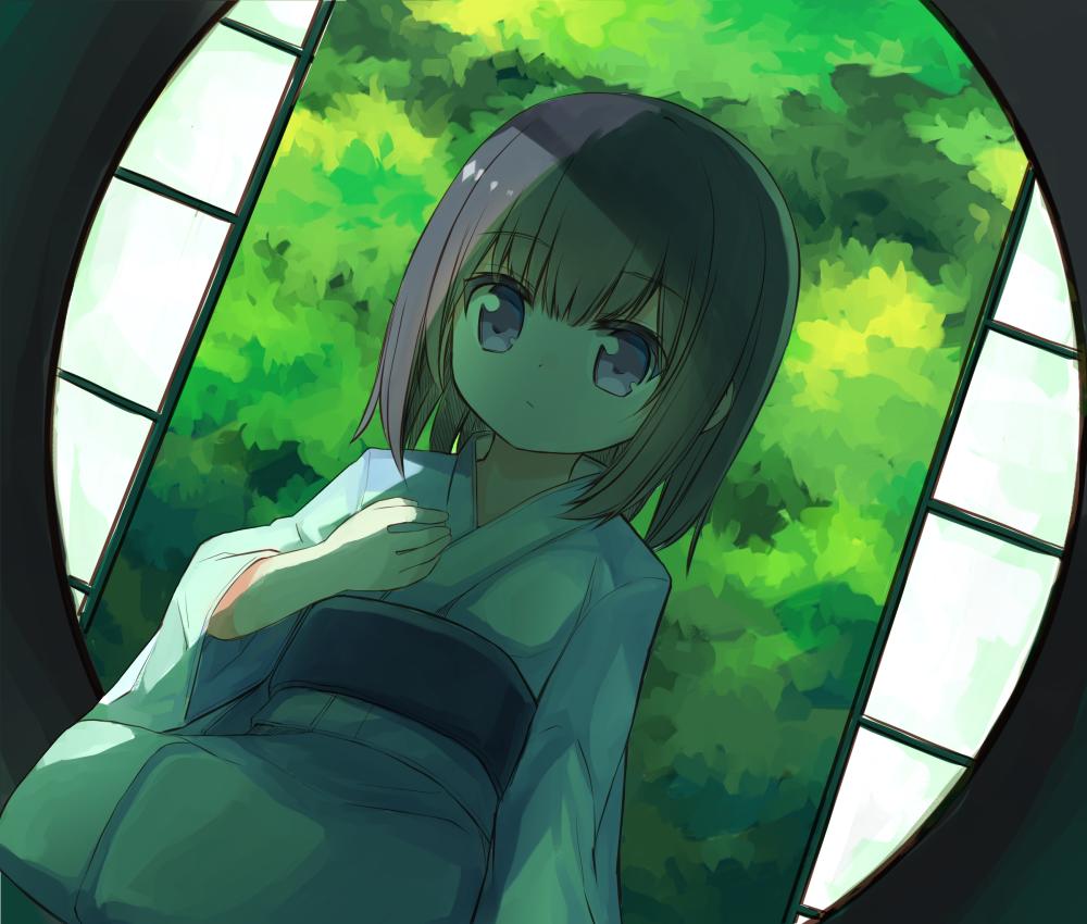 1girl bangs black_hair blue_eyes closed_mouth commentary_request day dutch_angle eyebrows_visible_through_hair hand_up japanese_clothes kimono long_sleeves looking_at_viewer obi original round_window sash sitting solo white_kimono wide_sleeves yuuhagi_(amaretto-no-natsu)