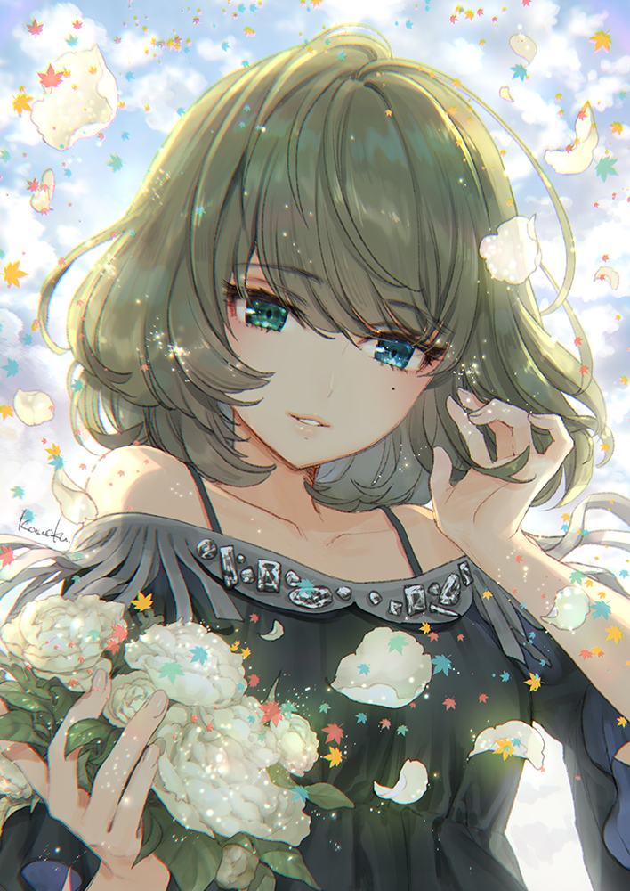 1girl bangs bare_shoulders black_dress blue_eyes blue_sky blush clouds cloudy_sky collarbone commentary_request day dress eyebrows_visible_through_hair fingernails flower green_eyes green_hair hair_between_eyes hand_up heterochromia holding holding_flower idolmaster idolmaster_cinderella_girls kawaku looking_at_viewer mole mole_under_eye off-shoulder_dress off_shoulder outdoors parted_lips petals rose signature sky solo takagaki_kaede upper_body white_flower white_rose wide_sleeves